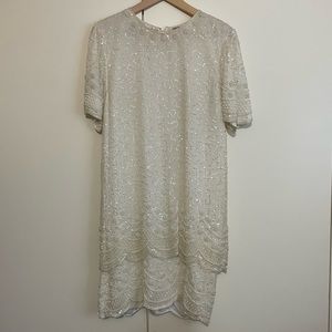Laurence Kazar Dress • beaded sequins white wedding prom 20’s mid short